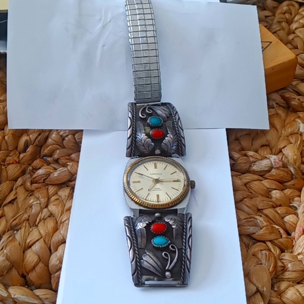 Navajo turquoise and coral watch vintage